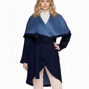 H by Halston Navy and Blue Wrap Wool Coat with Shawl Collar